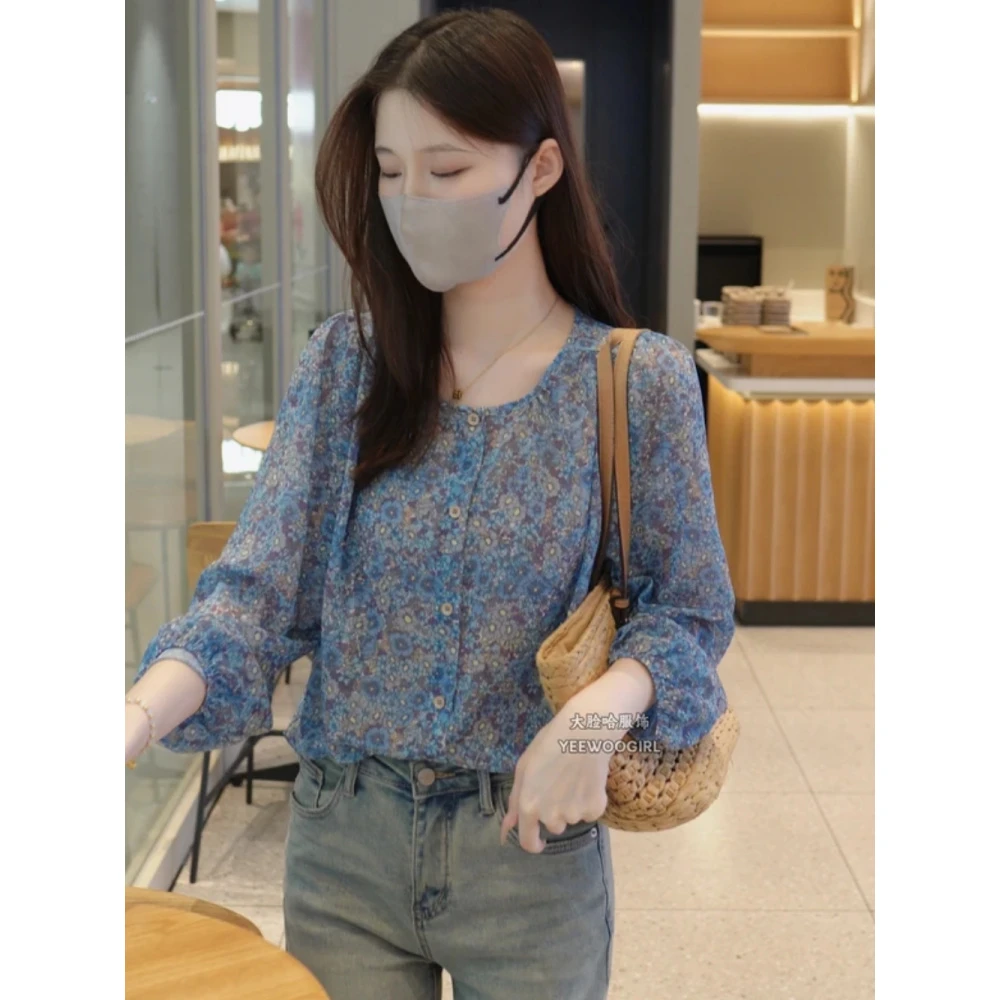 欧货复古小蓝碎花衬衫女夏季减龄宽松显瘦百搭小衫上衣品质女装