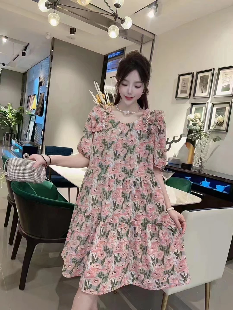 胖妹妹大码女装新款2025年夏季小清新简约韩版宽松遮肉碎花连衣裙