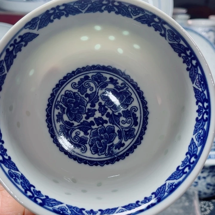 青花玲珑5寸饭碗牡丹花