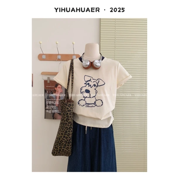 东大门韩系夏款卡通印花图案减龄百搭撞色休闲百搭宽松T恤2868