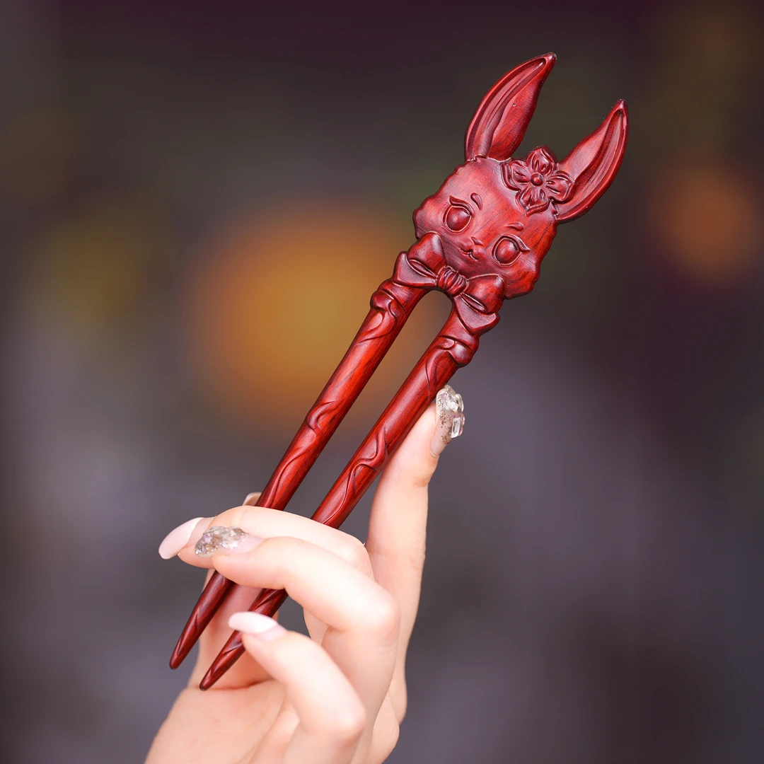 原创兔子猫咪发簪创意个性立体高档檀木簪子可爱U形发钗文艺发饰