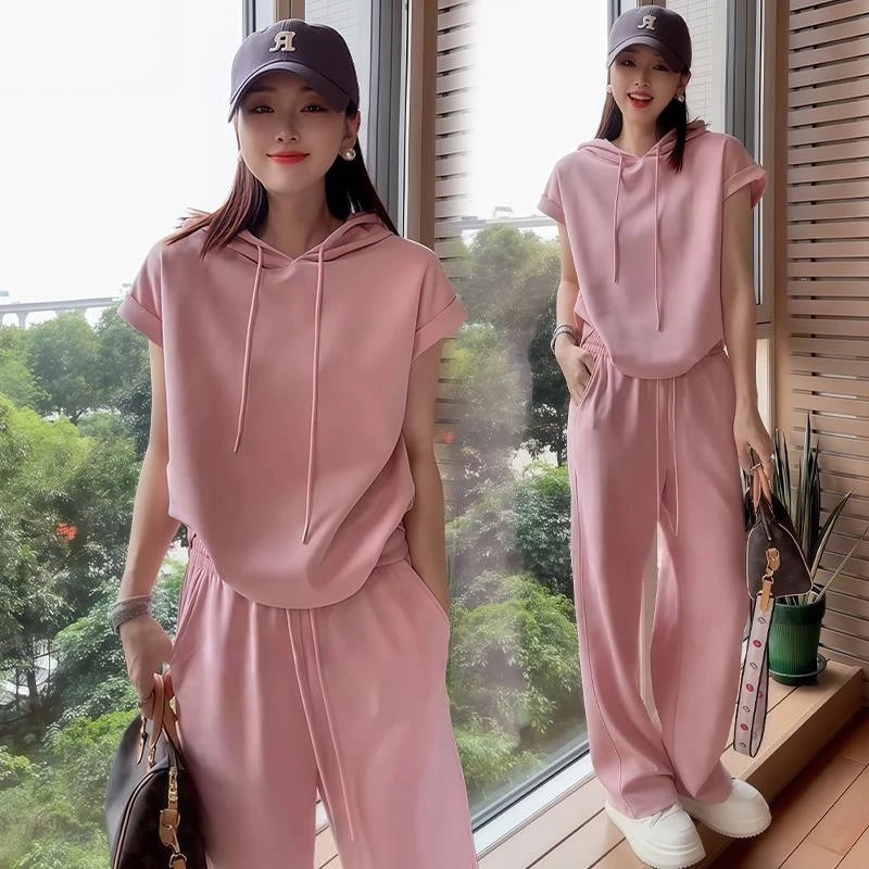 高含棉休闲套装女2025年夏季新款设计感连帽短袖上衣阔腿裤两件套