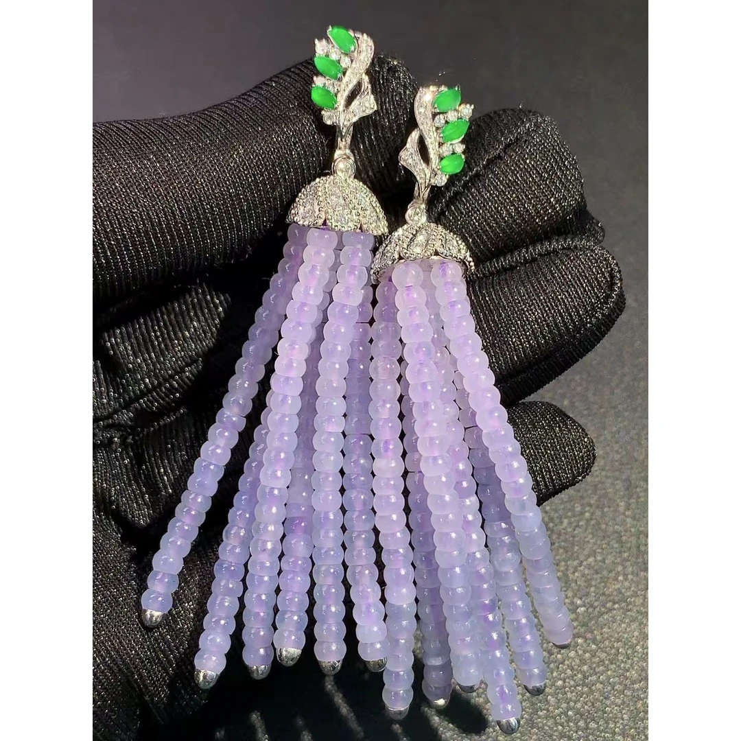 冰紫珠珠耳环天然翡翠A货ws/mf3.6气质时尚长款仙女渐变紫色手作