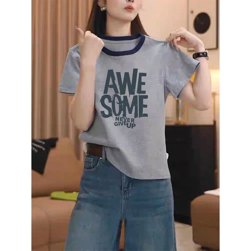 正肩撞色短袖t恤女2025夏季新款时尚百搭小众设计感洋气显瘦上衣