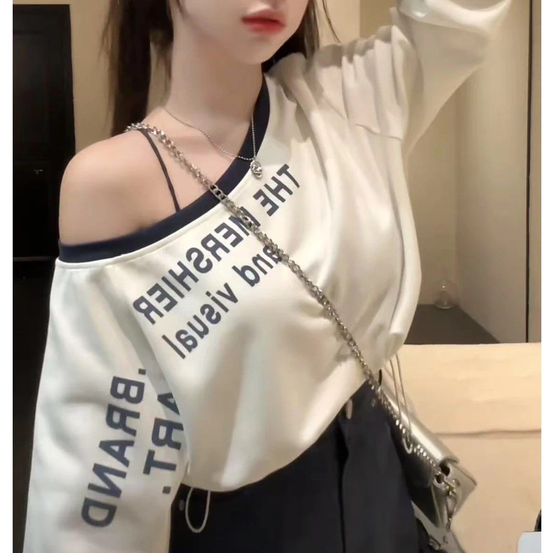 字母秋季女常规印花薄款长款卫衣上衣百搭宽松辣妹风