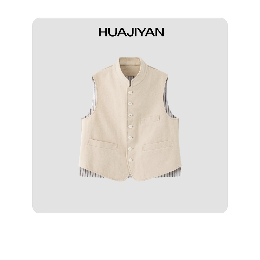 华吉言/HUAJIYAN【美术系】100棉竖条纹拼接小立领上衣马甲