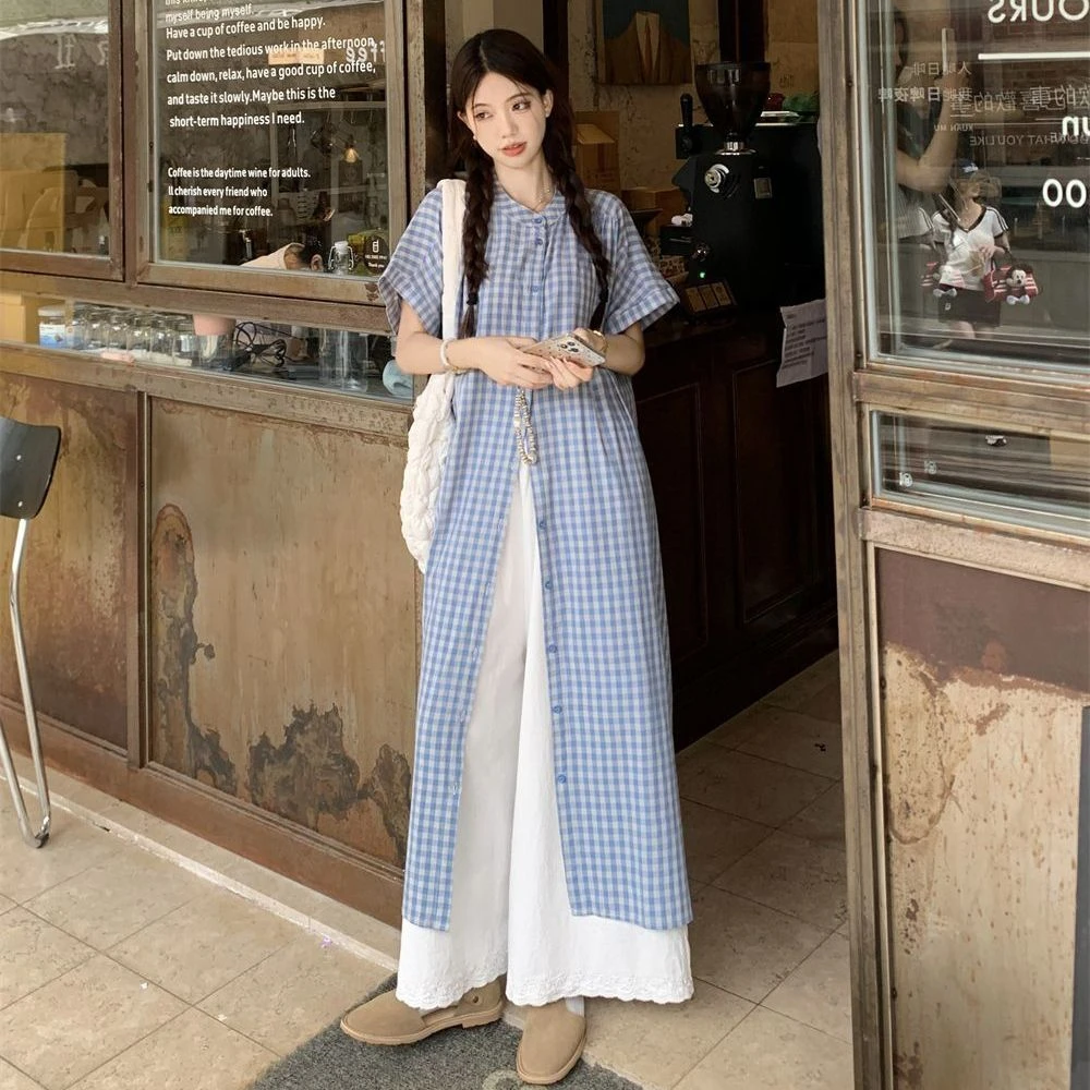 格纹长款设计感度假风短袖衬衫女夏季新款宽松休闲长裤法式连衣裙