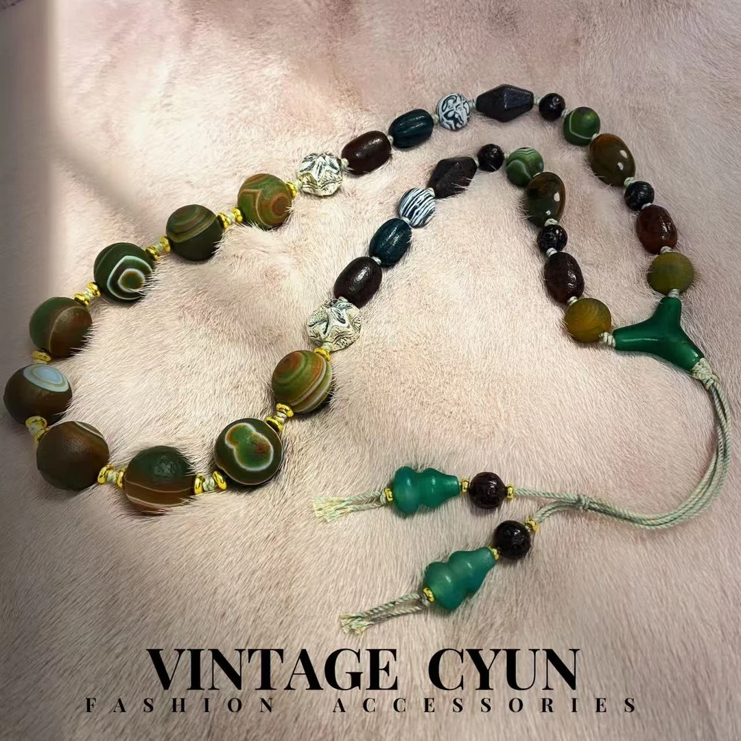 铜合金项链 11902手工编织复古老珠瑙瑙项链