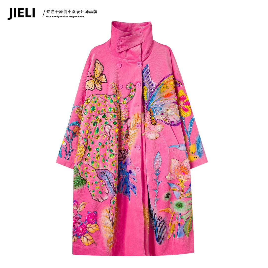 JIE LI/街力定制原创小众设计师时尚中长款粉色大衣外套女A9688