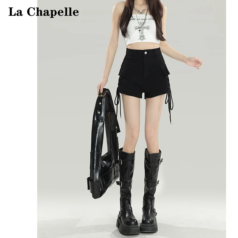 La Chapelle/拉夏贝尔黑色工装短裤女2025夏季抽绳设计感显瘦裤子