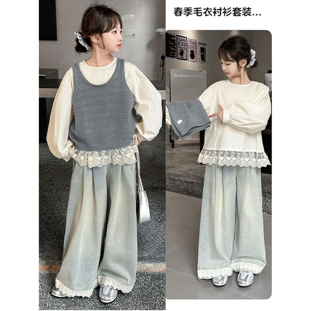 潮走女童毛衣套装春夏款2025新款女大童学院风衬衫儿童休闲春装三