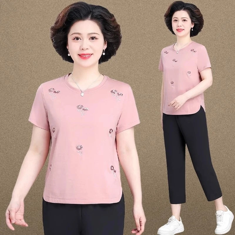 中年妈妈夏装运动服套装2025新款洋气中老年女装夏季短袖T恤上衣