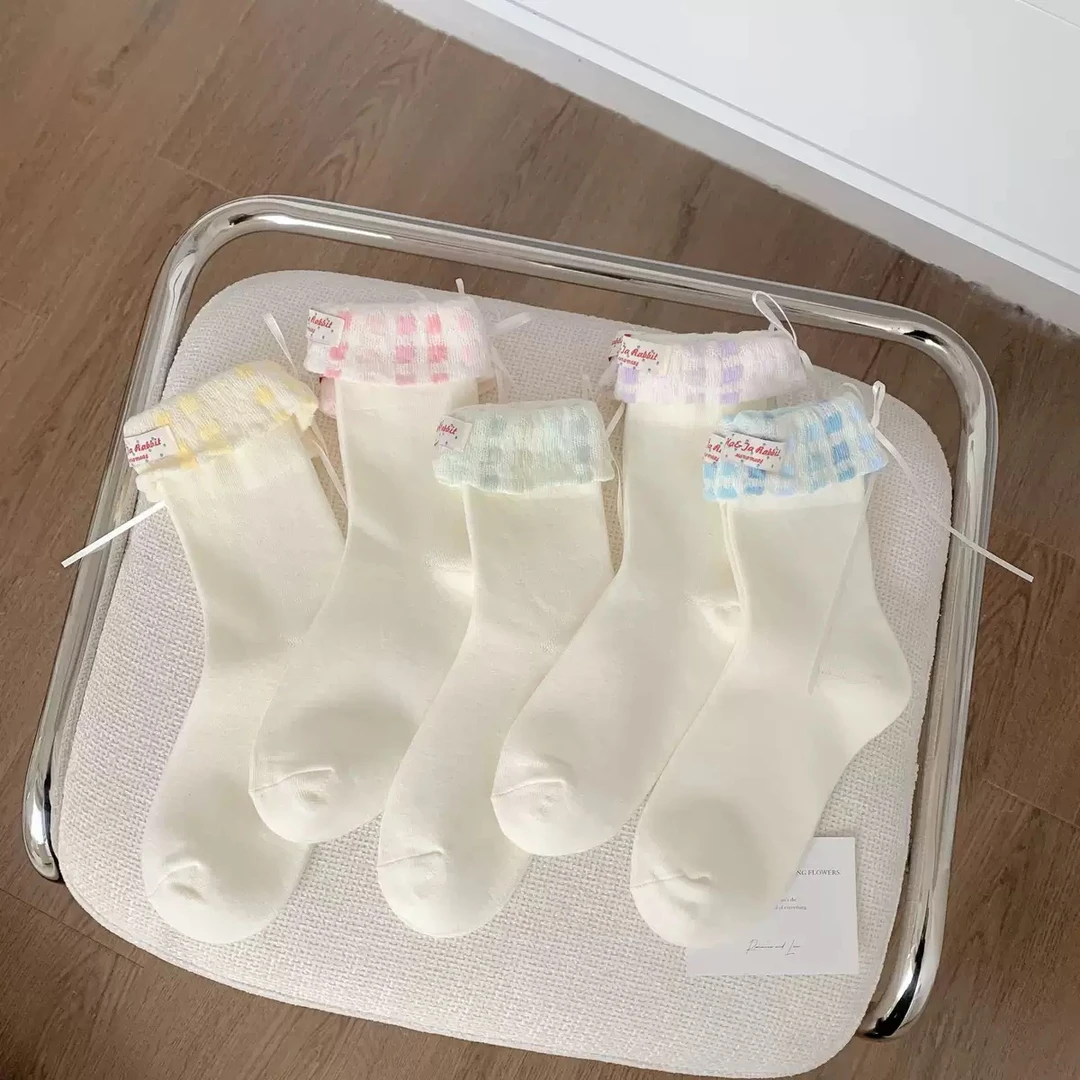 春夏季蝴蝶结蕾丝花边中筒袜可爱甜美少女堆堆中筒袜子女