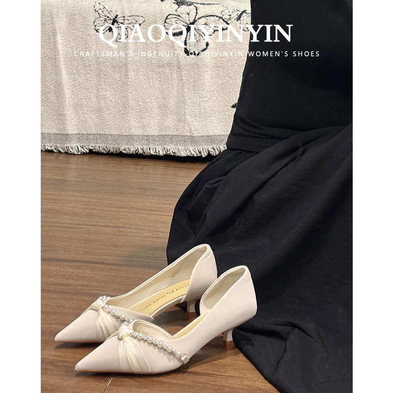 乔气银银 高跟鞋女细跟法式绝美婚鞋新娘鞋气质名媛侧空尖头单鞋