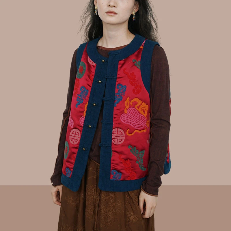 2025秋冬时尚新款中国风缎面提花对襟夹棉马甲新中式盘扣加厚马甲