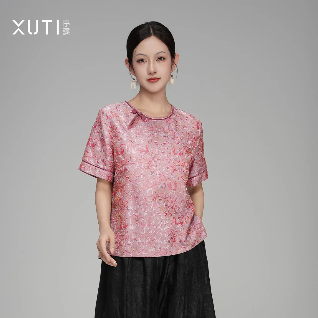 序缇『小桃红』夏季新款新中式胡德银古蜀锦桑蚕丝上衣H127-15981