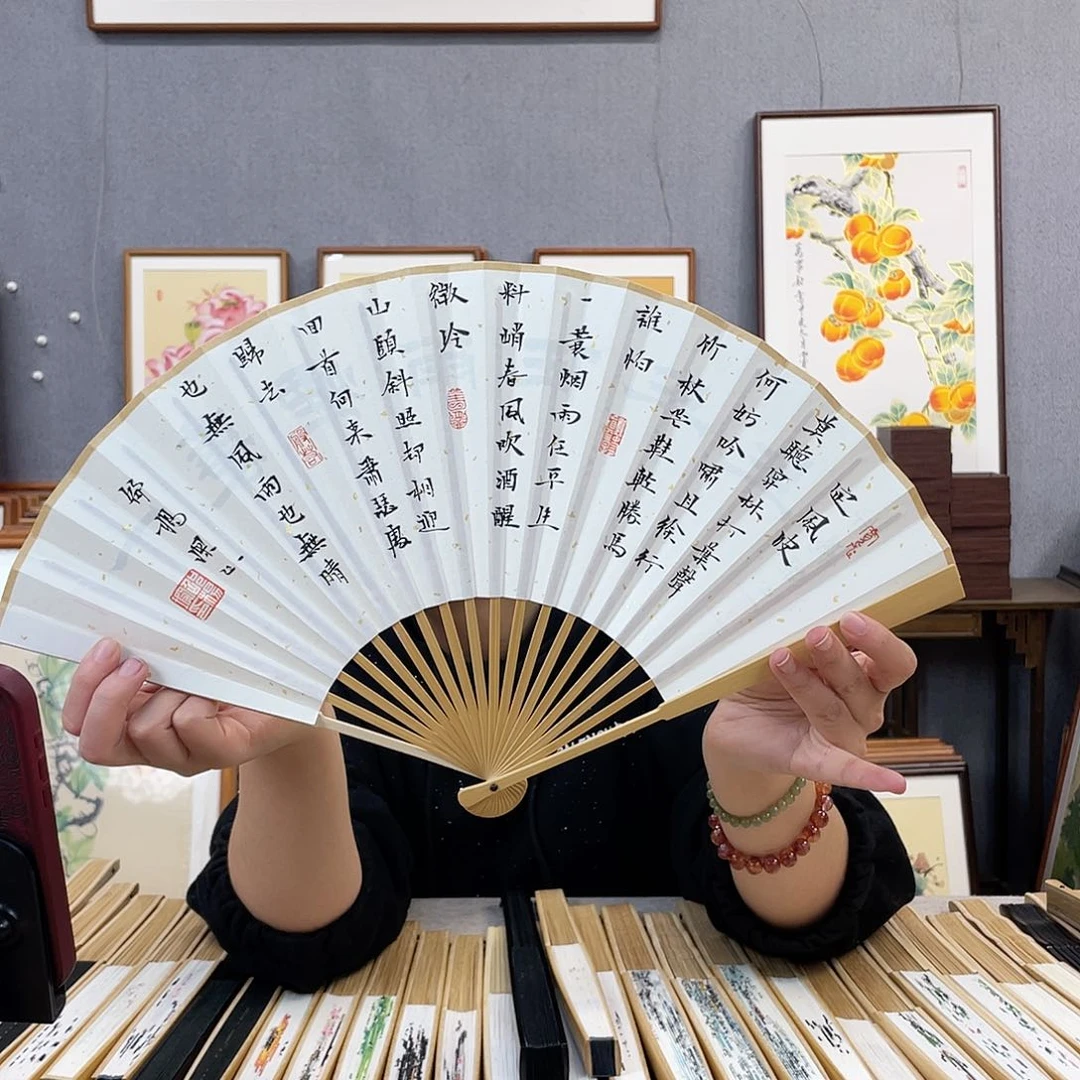 国画8寸玉竹-纯手绘-文玩扇骨（默认粘好）定风波