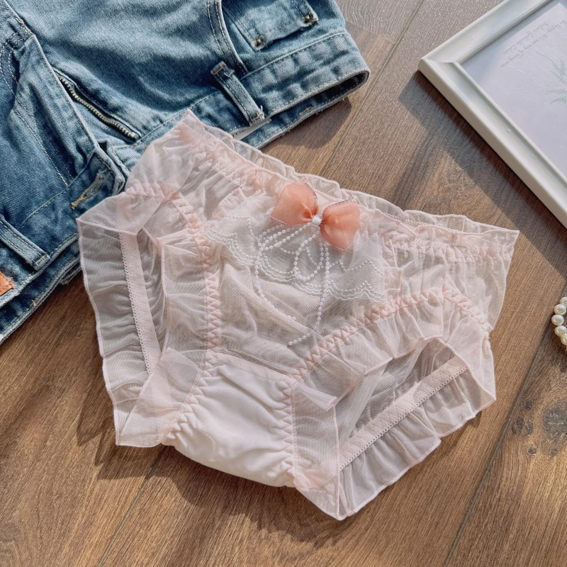 女少女荷叶边夏季内裤蕾丝低腰透气女三角裤性感蝴蝶结舒适大码裤