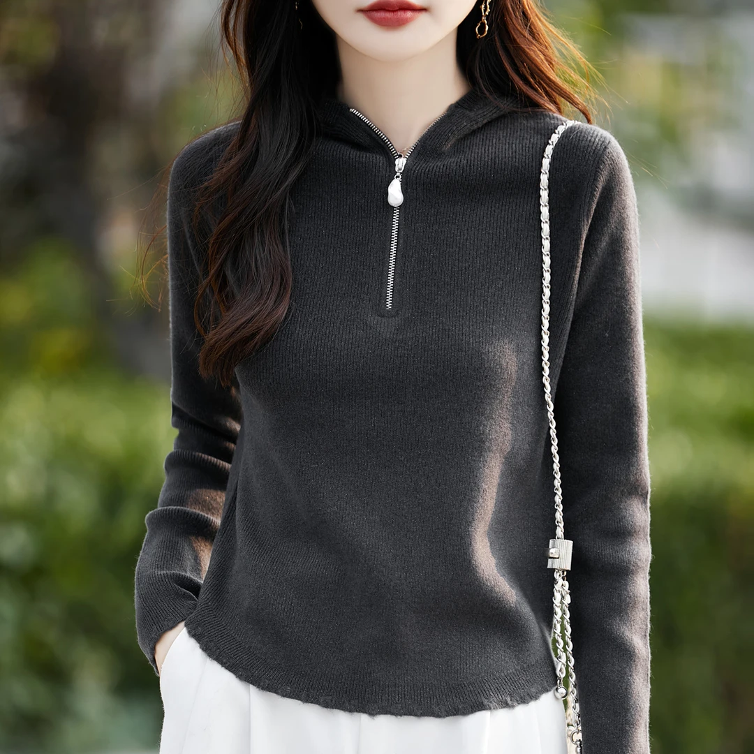 品牌2025新款连帽抽条半拉链100%纯羊毛衫秋冬加厚减龄叠穿针织衫