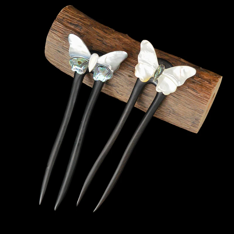 蝶落花间。国风蝴蝶母贝木发簪盘发贝壳蝴蝶u型双叉簪丸子头钗子