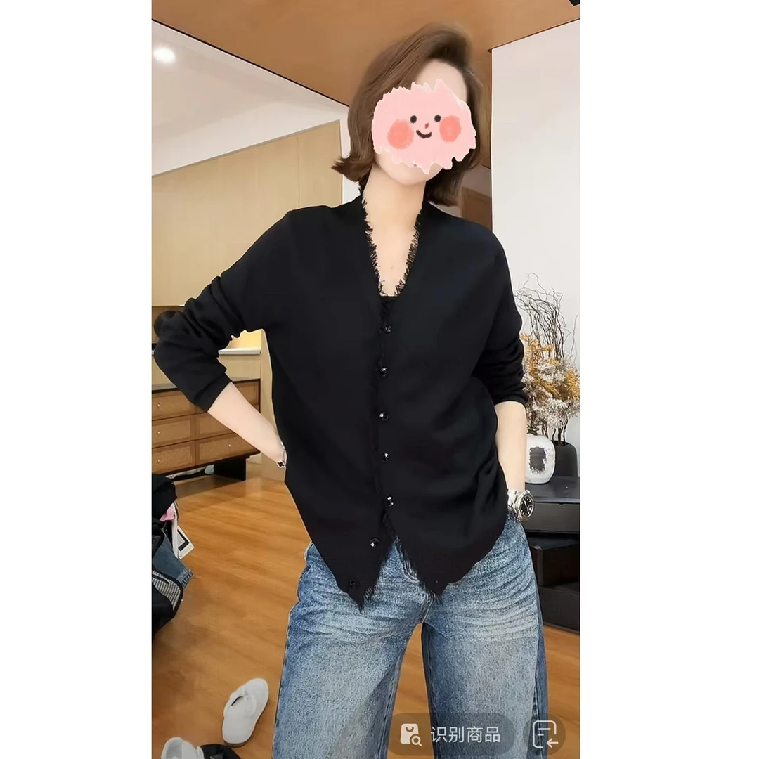 2025秋季新款高级感气质V领针织衫女休闲时尚显瘦长袖开衫上衣