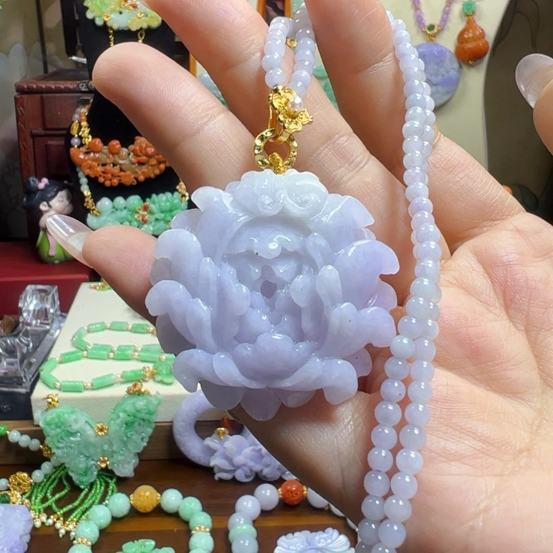 翡翠未镶嵌毛衣链紫牡丹