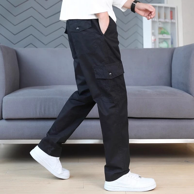 多口袋春秋季户外穿松紧腰休闲长裤男士加肥加大码直筒宽松工装裤