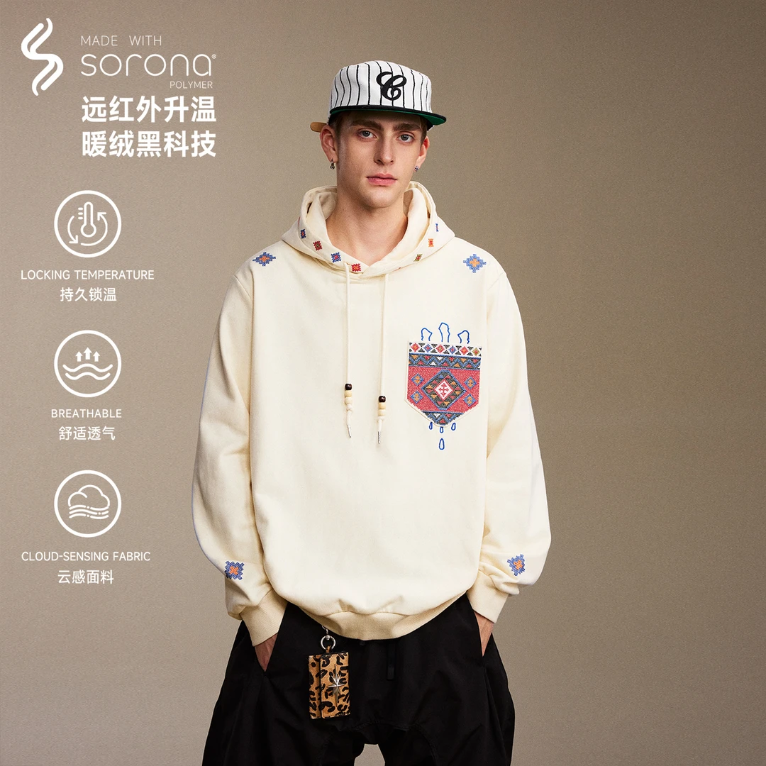 SuaMoment远红外升温民族风刺绣帽衫卫衣男2025年秋休闲情侣上衣