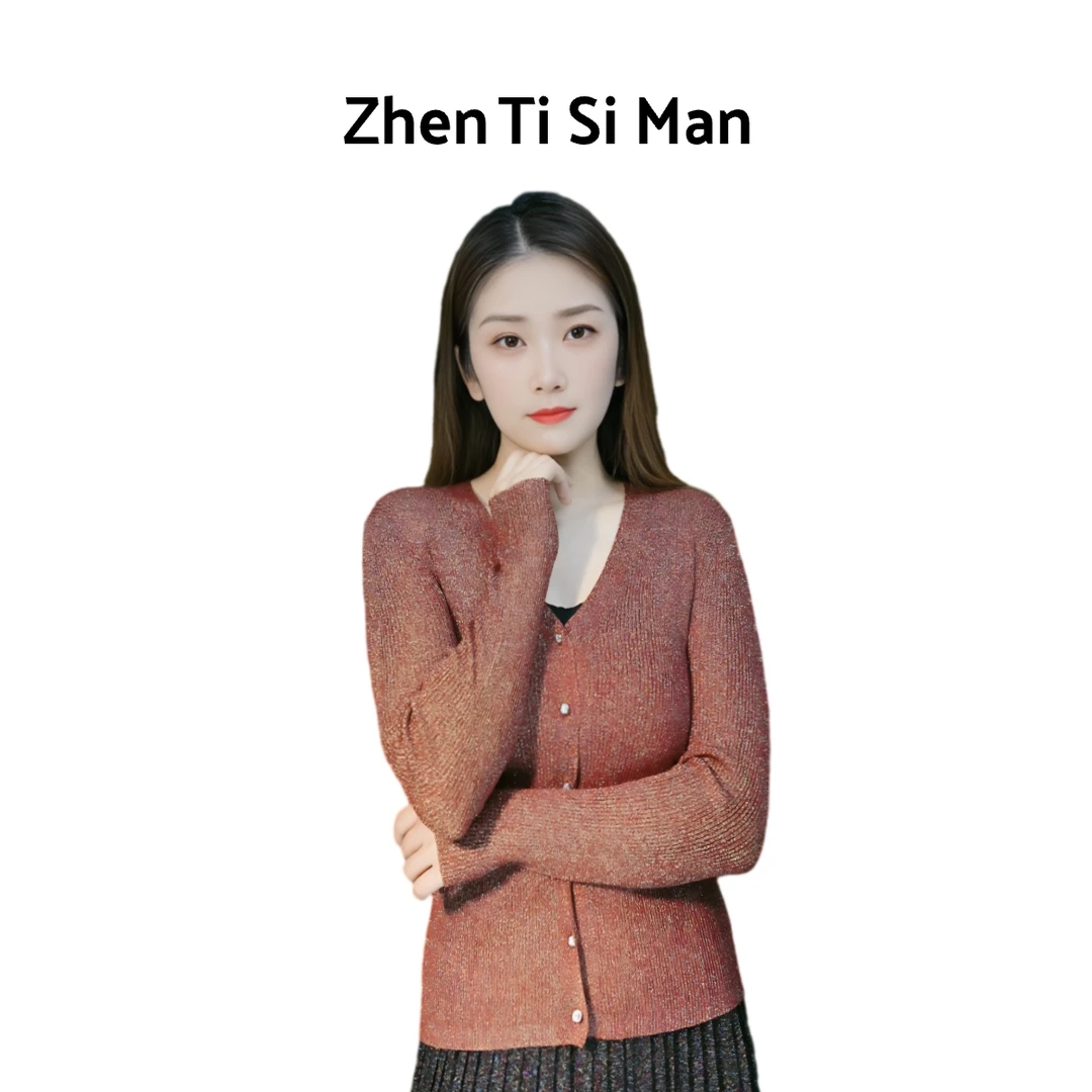 ZHENTISIMAN/CA5001 意大利V领开衫水晶纱女士百搭轻奢修身修身