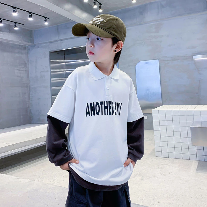 男大童春秋Polo衫假两件长袖宽松卫衣2025新款儿童秋装帅气薄上衣