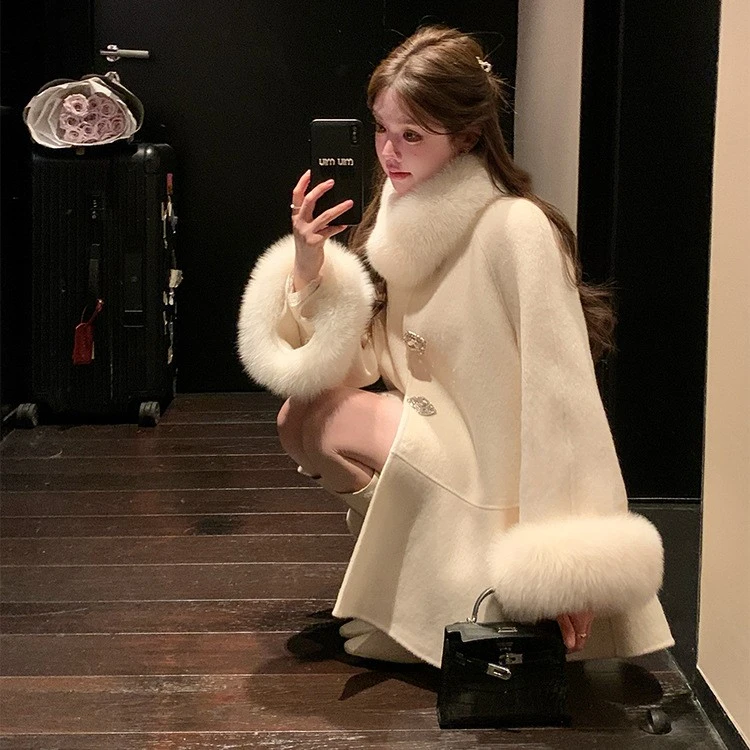 25秋冬新款狐狸毛双面羊绒大衣女富家千金羊毛呢皮草外套新年战袍