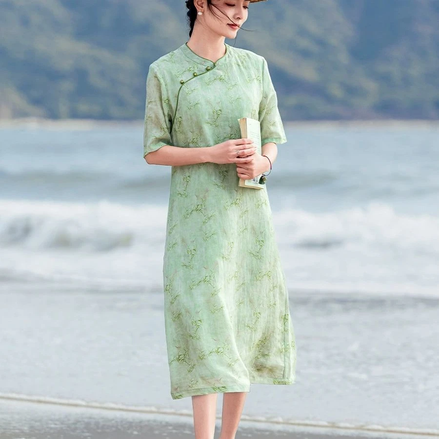 7369#改良旗袍文艺印花宽松连衣裙夏季中长新中式