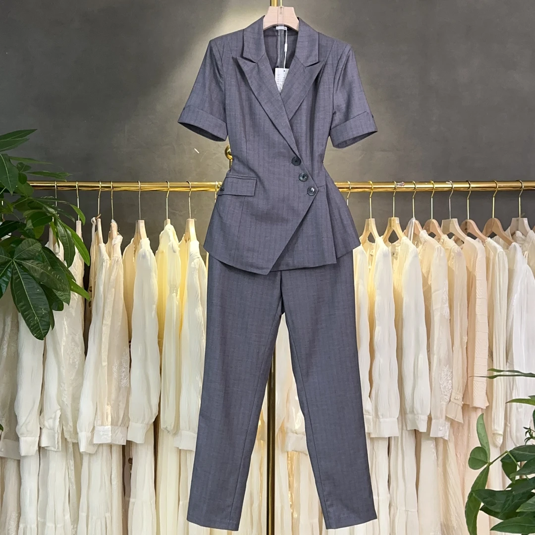 A393 夏季短袖西服套装女高端职业装显瘦气质通勤垂感休闲两件套