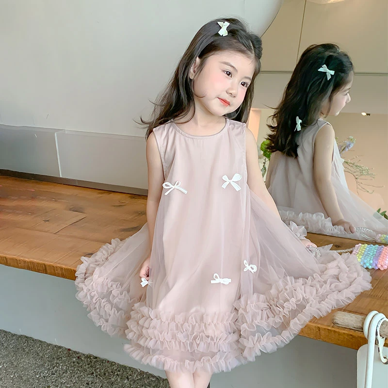 女童公主裙夏季无袖连衣裙2025新款儿童蝴蝶结网纱裙子甜美蓬蓬裙