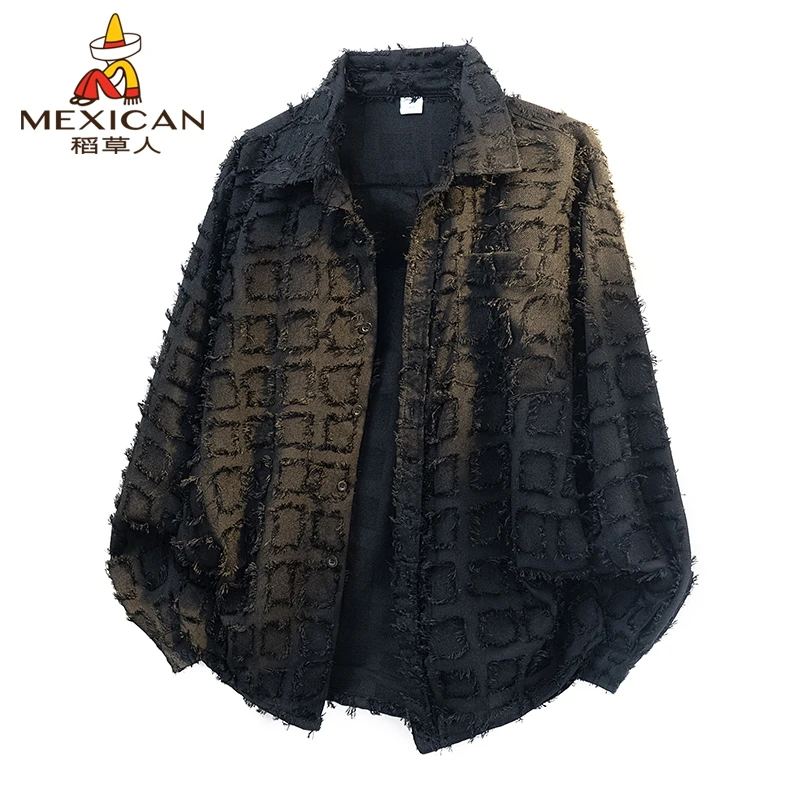 Mexican/稻草人新款黑色格子衬衫男美式宽松潮流服装休闲长袖衬衣