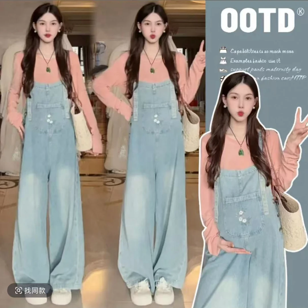 孕妇背带裤2026新款秋季洋气减龄舒适俏皮上衣休闲牛仔阔腿裤套装