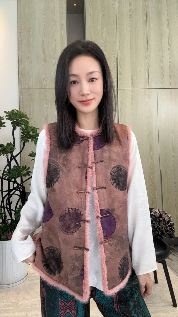秋冬透气单排扣两面穿民族风香云纱水貂毛圆领常规款马夹套-25703