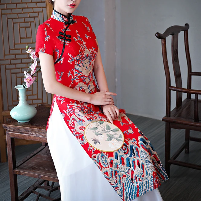 旗袍连衣裙长款2025新款中式礼仪改良日常妈妈旗袍短袖中国风旗袍