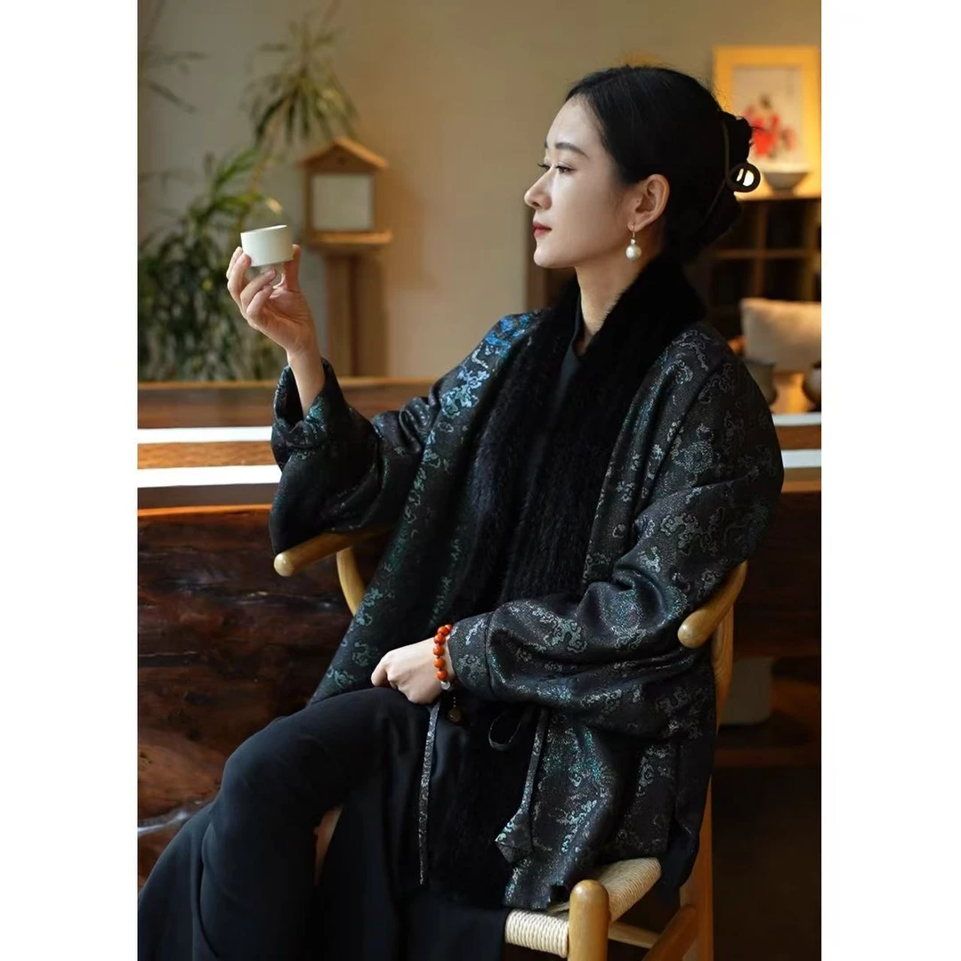 【墨牌国风】张林根正绢 原创国风桑蚕丝内胆水貂毛棉衣HS90721