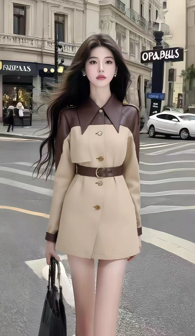 法式休闲风气质短裙卡其色翻领长袖修身收腰系带设计感连衣裙女