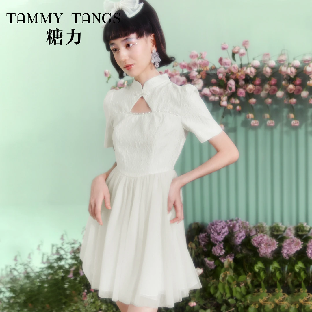 【商场同款】糖力新中式国风短袖提花网纱裙摆连衣裙