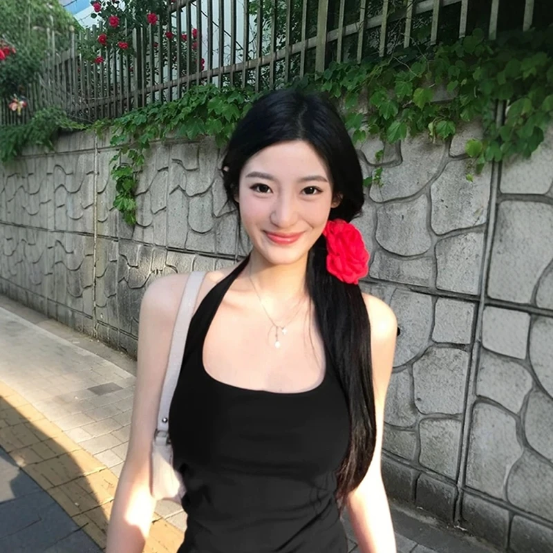 黑色挂脖针织吊带背心女夏季纯欲风性感外穿修身内搭打底无袖上衣