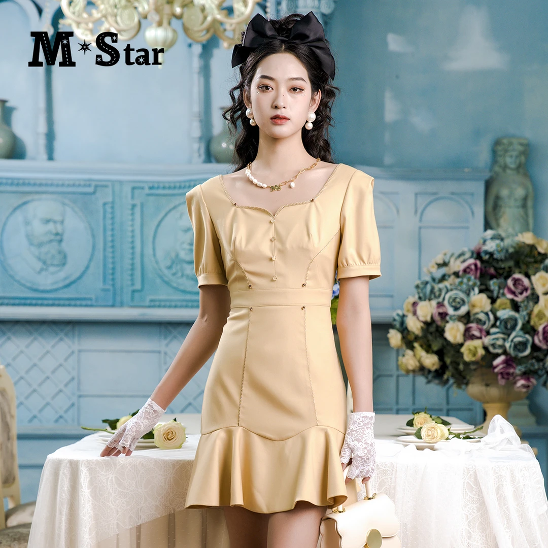 【若谷专属】M-Star短袖法式v领连衣裙荷叶边鱼尾裙短裙SEBL122541