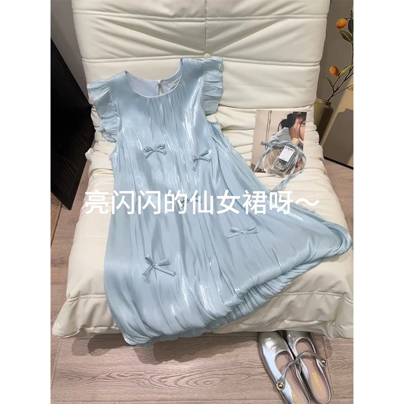 2025夏季新款复古缎面小飞袖蝴蝶结短裙女小众百搭花苞连衣裙ins