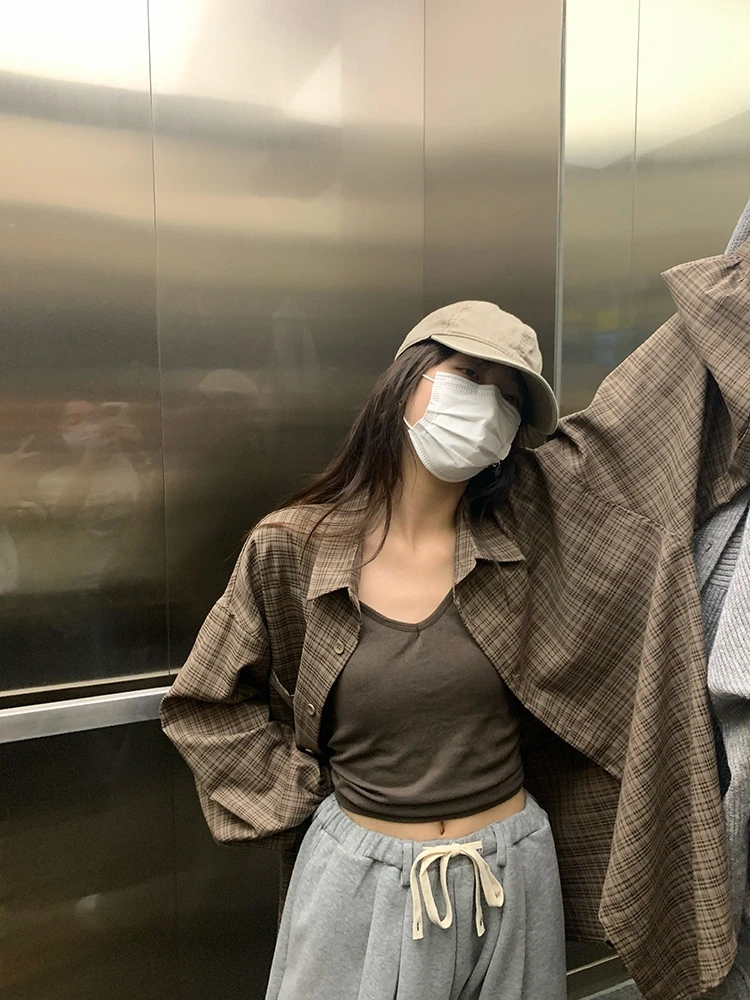 摩卡格子衬衫外套女2025春秋新款韩版宽松休闲复古防晒衫长袖上衣