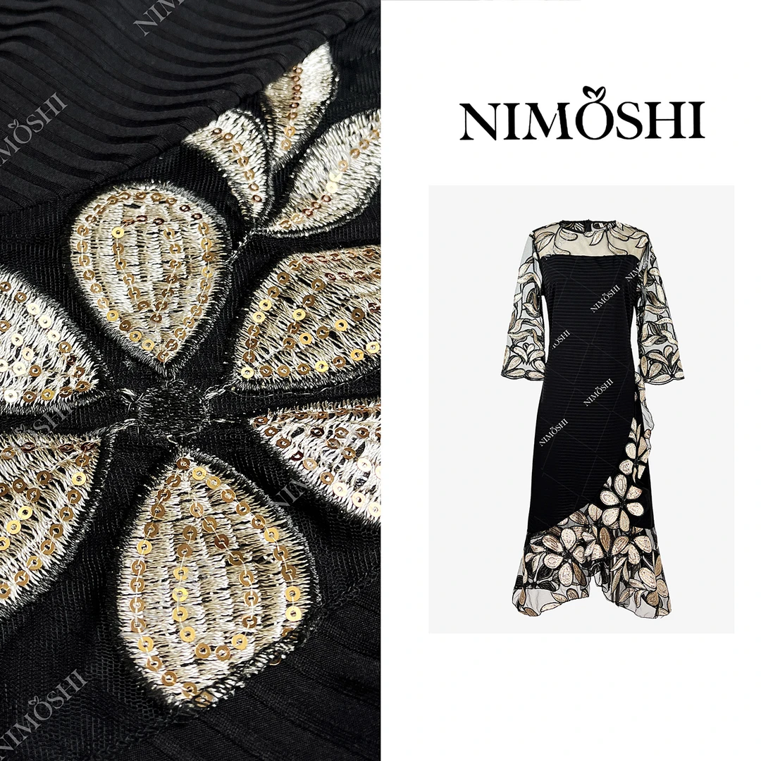 NIMOSHI莎莎高级轻奢网纱花卉刺绣显瘦鱼尾不规则连衣裙Q1962