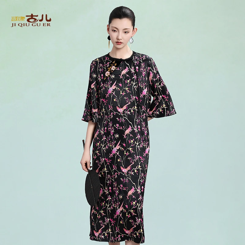 吉丘古儿登枝连衣裙气质国风新中式宽松休闲复古印花裙子G252Y037