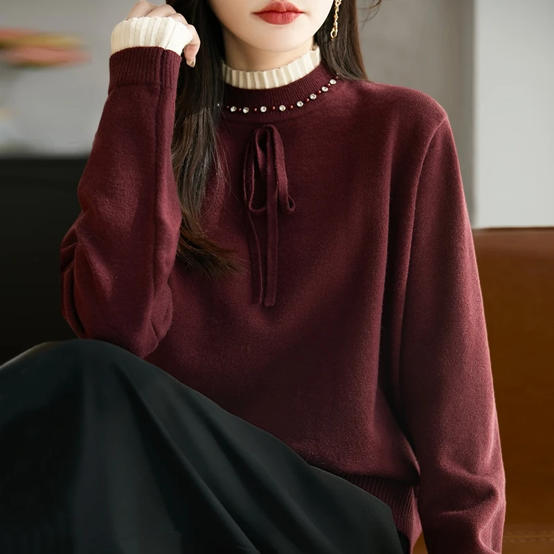 秋冬洋气时尚长袖针织衫女宽松遮肚显瘦百搭洋气半高领针织打底衫