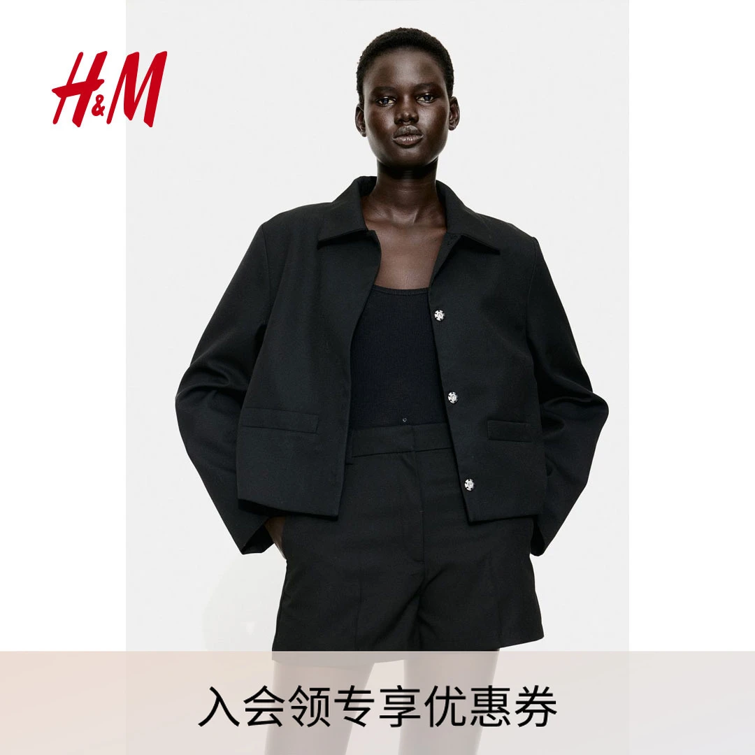 HM秋季女士法式时尚气质落肩长袖通勤百搭有领短外套1253184