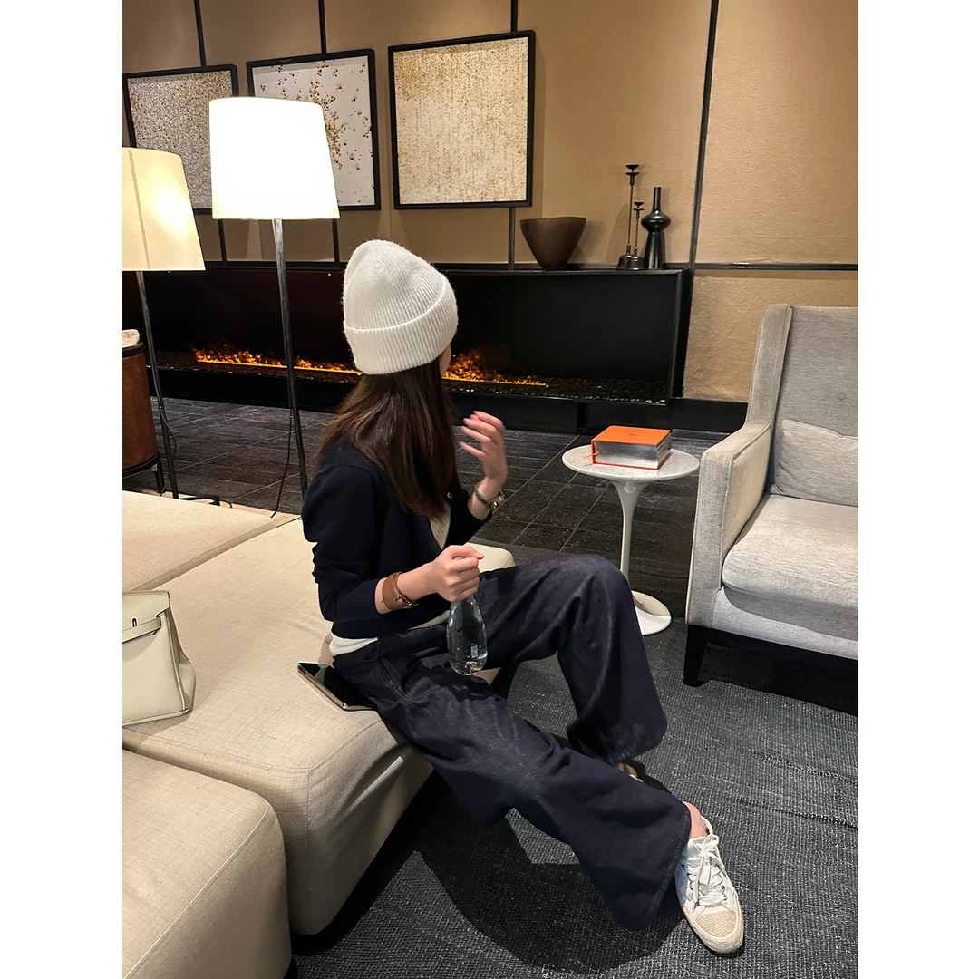 Multi Math好穿原牛/加绒高腰缝线复古松弛时髦感阔腿原色牛仔裤